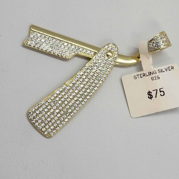 Barber Razor Pendant in 925 Sterling Silver – Straight Edge Blade Design